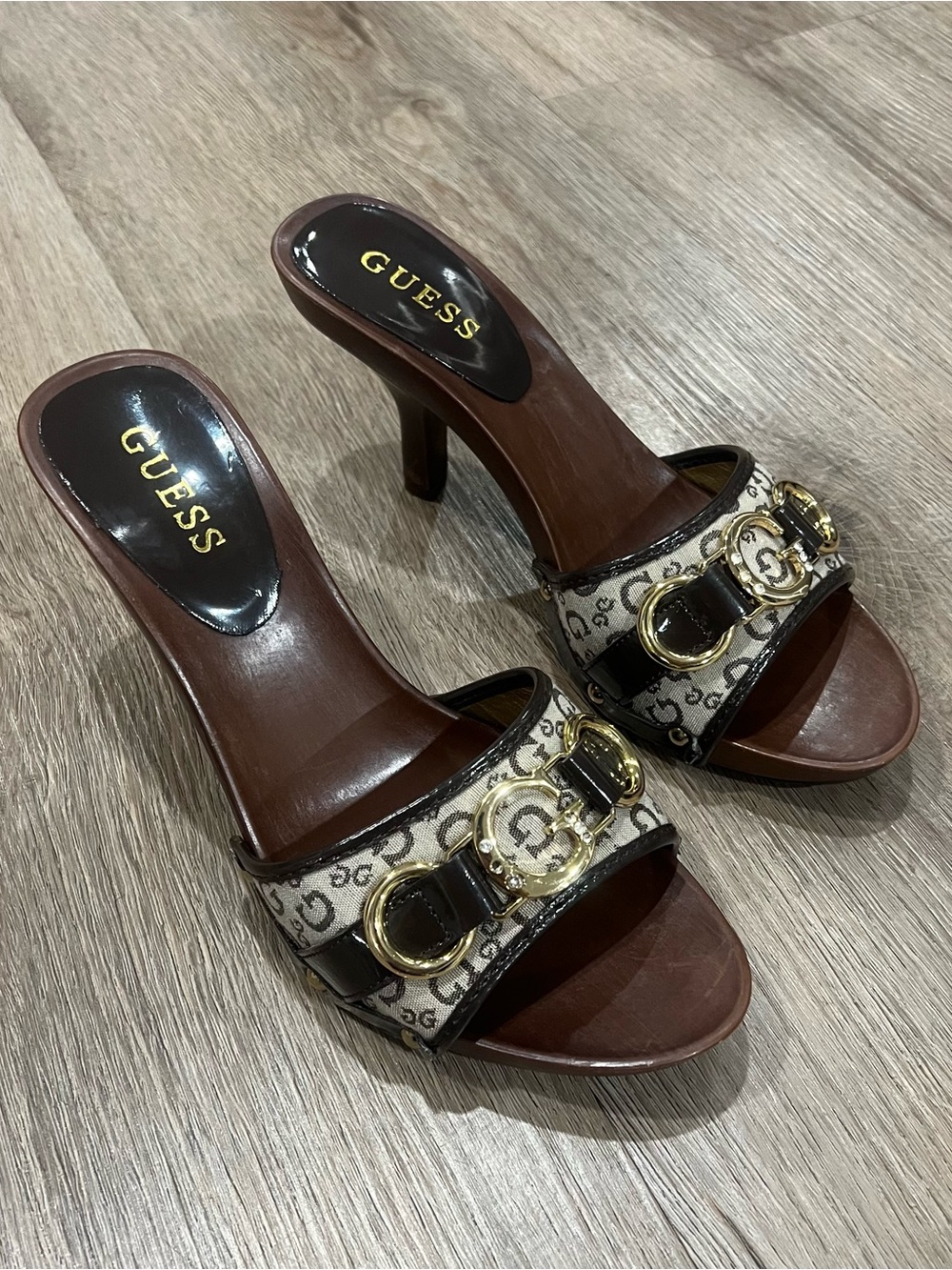GUESS Brown Logo Slide Heels with Gold Buckle Accents Size 7.5